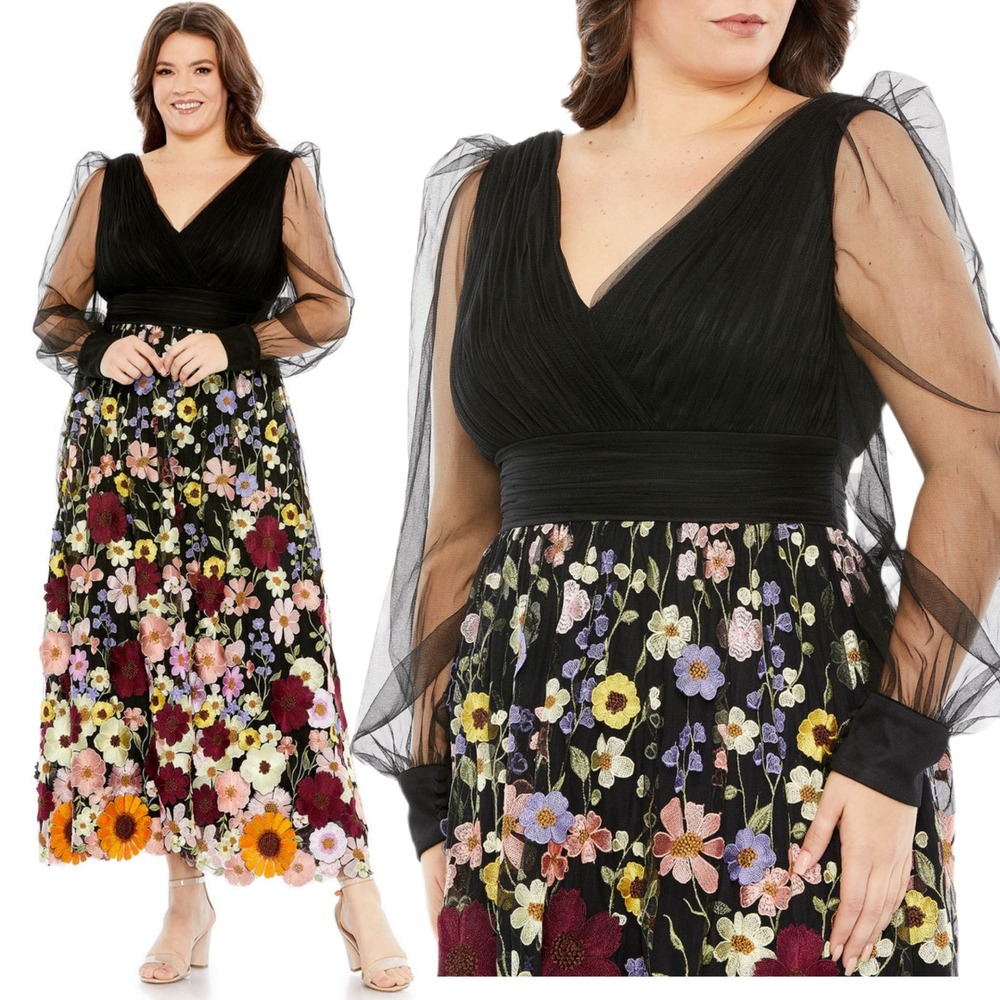 Mac Duggal NWT Embroidered Black Floral Puff Sleeve A-line Dress $598 Size 16W